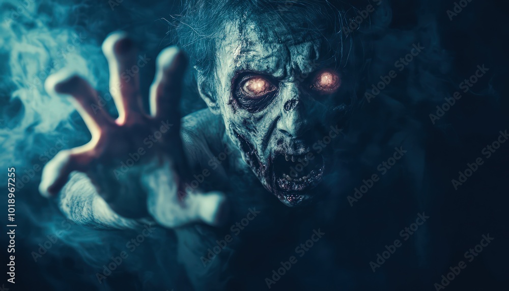 A menacing zombie stretches its hand toward you from the dark abyss, its hollow eyes gleaming with eerie hunger. A chilling Halloween nightmare. A menacing zombie stretches its hand toward you from the dark abyss, its hollow eyes gleaming with eerie hunger. A chilling Halloween nightmare.