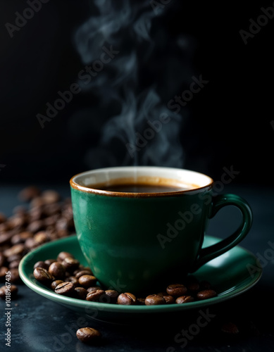A deep green ceramic cup filled with rich, dark coffee, with a few roasted coffee beans placed neatly around it