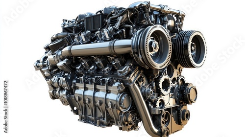 A modern automotive engine, isolated on a clean white backdrop, showcasing technological advancements.