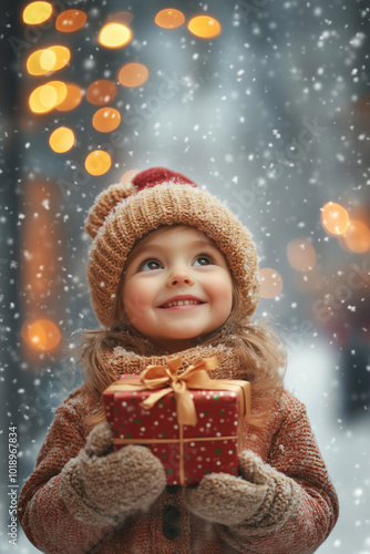 Little happy girl with christmas presents in her hands, looking up,  christmas lights and snowfall in the background, big editable space.
