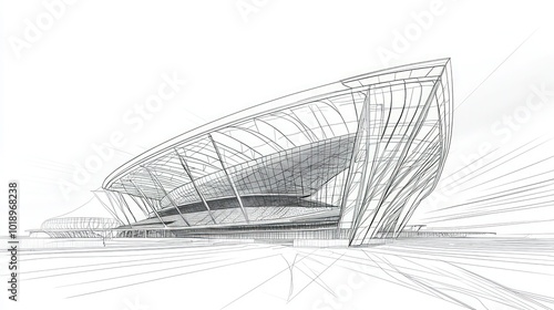 Line art illustration an international stadium, showcasing its unique architectural design in intricate and dynamic detail.