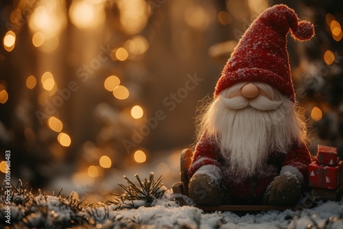 Christmas greeting card. Christmas decoration with Santa Claus toy and gift box on bokeh background. Christmas background.