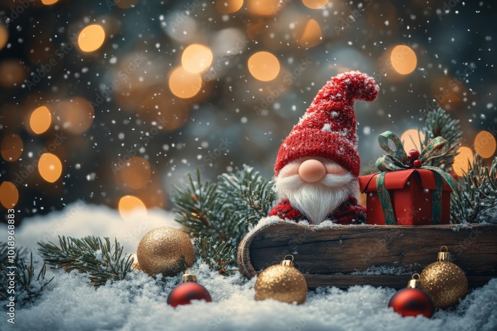 Fototapeta premium Christmas greeting card. Christmas decoration with Santa Claus toy and gift box on bokeh background. Christmas background.
