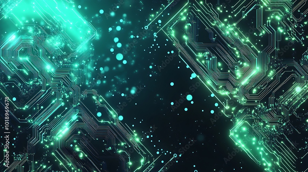 Abstract digital circuit board background with glowing green lines and particles. Abstract digital circuit board background with glowing green lines and particles.