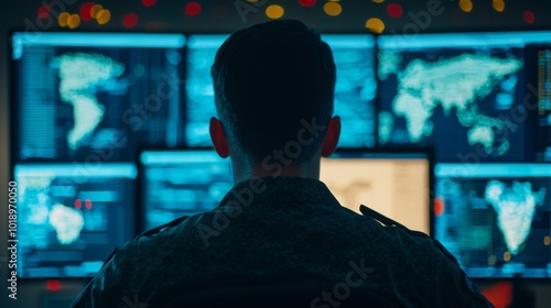 Army Officer at Computer Screen in Control Room