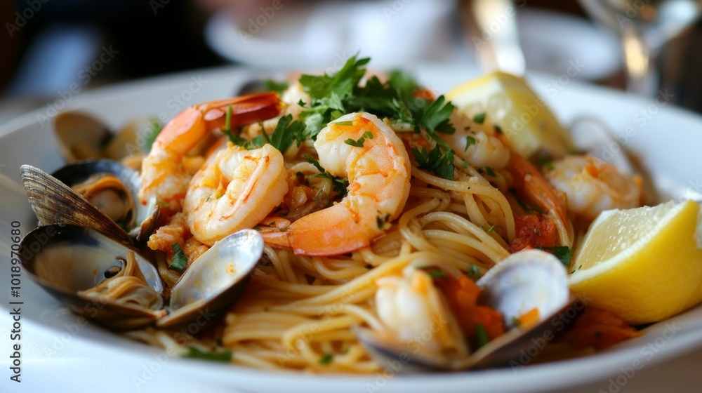 Delicious seafood pasta dish with fresh ingredients Delicious seafood pasta dish with fresh ingredients