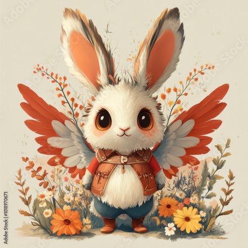 Wolpertinger Whimsy in Alpine Floral Delight. Cute Kawaii Halloween Illustration photo