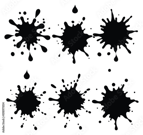 Dynamic and bold black ink splash designs, perfect for adding a dramatic touch to your creative projects, illustrations, and backgrounds.
