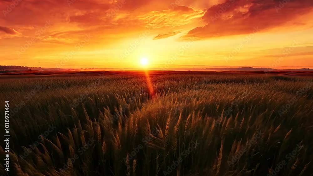 The sun sets over a field of tall grass, casting a golden glow across the landscape The sun sets over a field of tall grass, casting a golden glow across the landscape