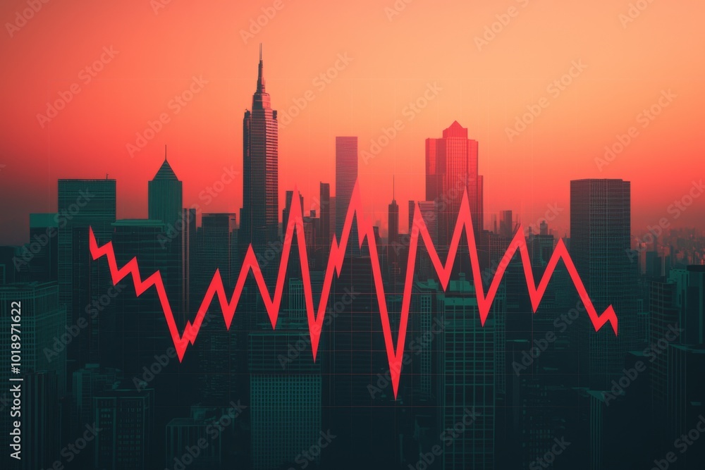 Fototapeta premium Digital Chart Overlaying Urban Cityscape at Sunset