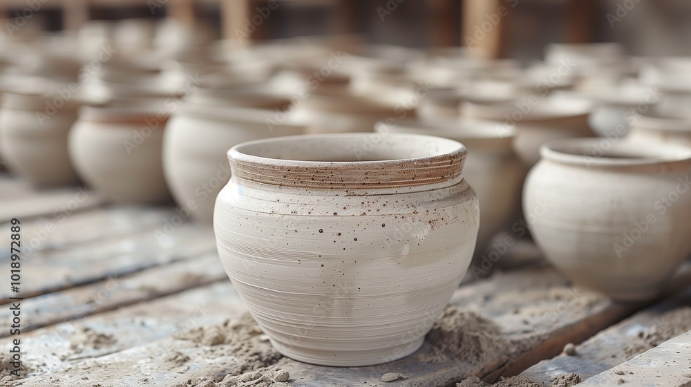 Artisan Pottery Drying in a Workshop With Numerous Crafted Pieces Displayed on Wooden Shelves Artisan Pottery Drying in a Workshop With Numerous Crafted Pieces Displayed on Wooden Shelves