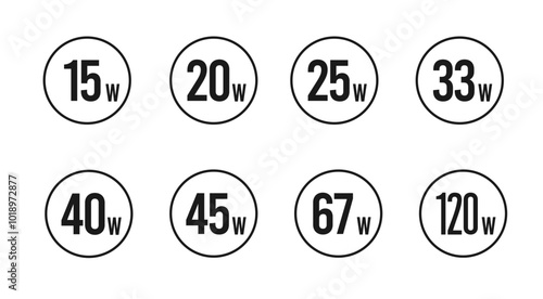 "Fast Charging" vector information watts icons,15w,20w,25w,33w,40w,45w,67,120w
