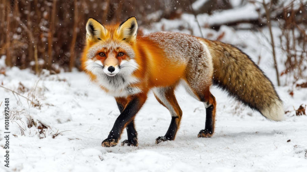A red fox walking gracefully through a snowy forest landscape A red fox walking gracefully through a snowy forest landscape