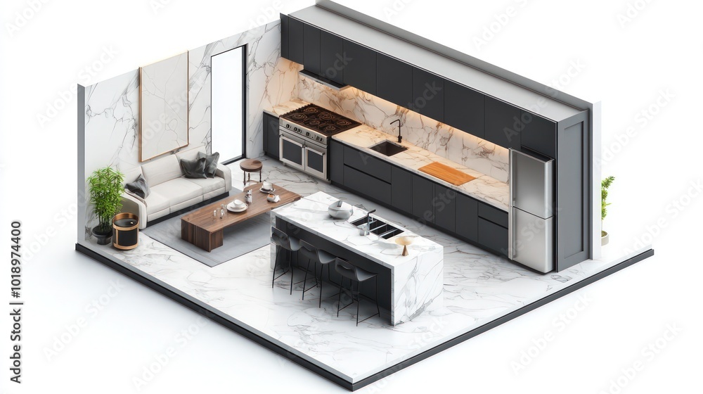 Luxury kitchen Isometric 3D Render showcasing marble countertops, high-end appliances, and custom cabinetry, neatly laid out in a floor plan on white.