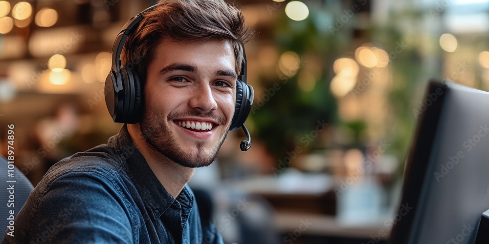 man in customer service working at a computer with a headset, managing calls and offering professional support, handling customer inquiries and technical assistance in an office environment man in customer service working at a computer with a headset, managing calls and offering professional support, handling customer inquiries and technical assistance in an office environment