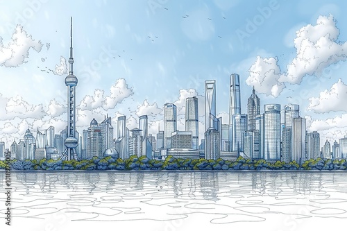 An outline drawing of a city skyline  illustration photo