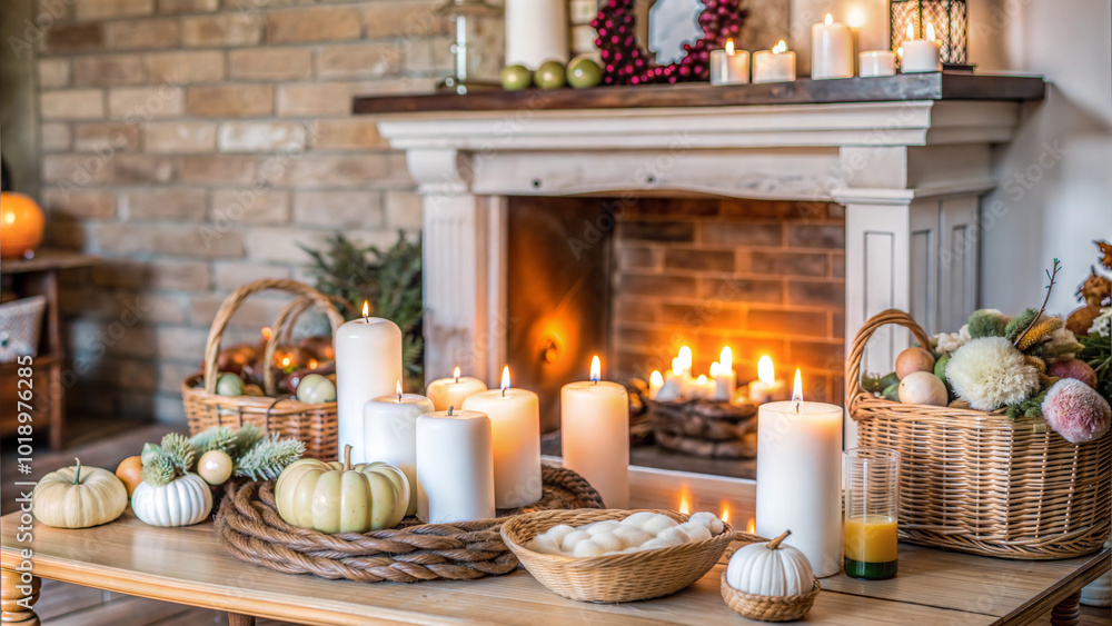 Fototapeta premium Rustic fireplace with candles and autumn decor for cozy home warmth