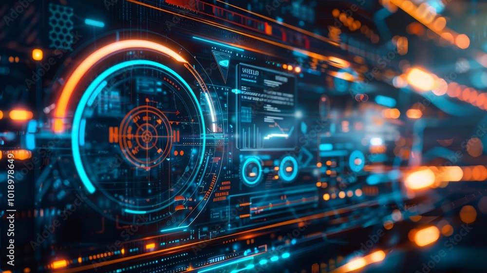 Minimalist sci fi hud interface design with blue light lines and blurred digital background Minimalist sci fi hud interface design with blue light lines and blurred digital background