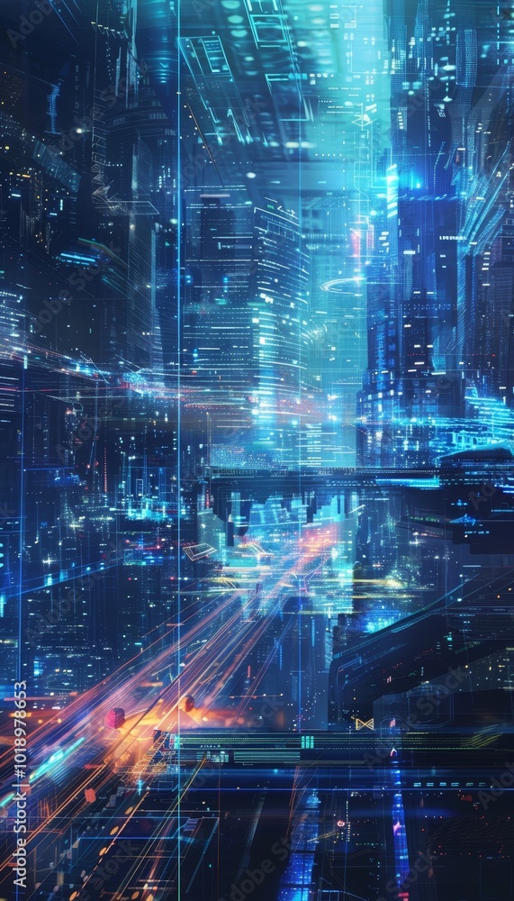 Fototapeta premium Minimalist sci fi hud interface design with blue light lines and blurred digital background