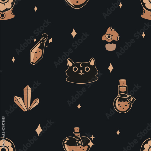Halloween concept spooky vector illustration pattern, potion glass corked bottle stickers, magical elements collection, autumn holiday party decoration, spooky witchy apothecary jars, poison flask