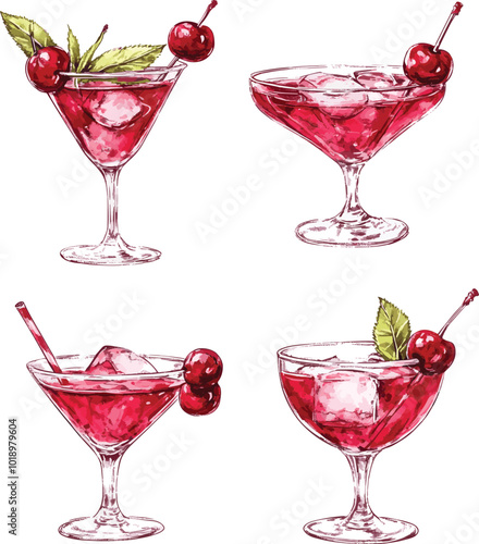 cocktail set with cherries, vector set