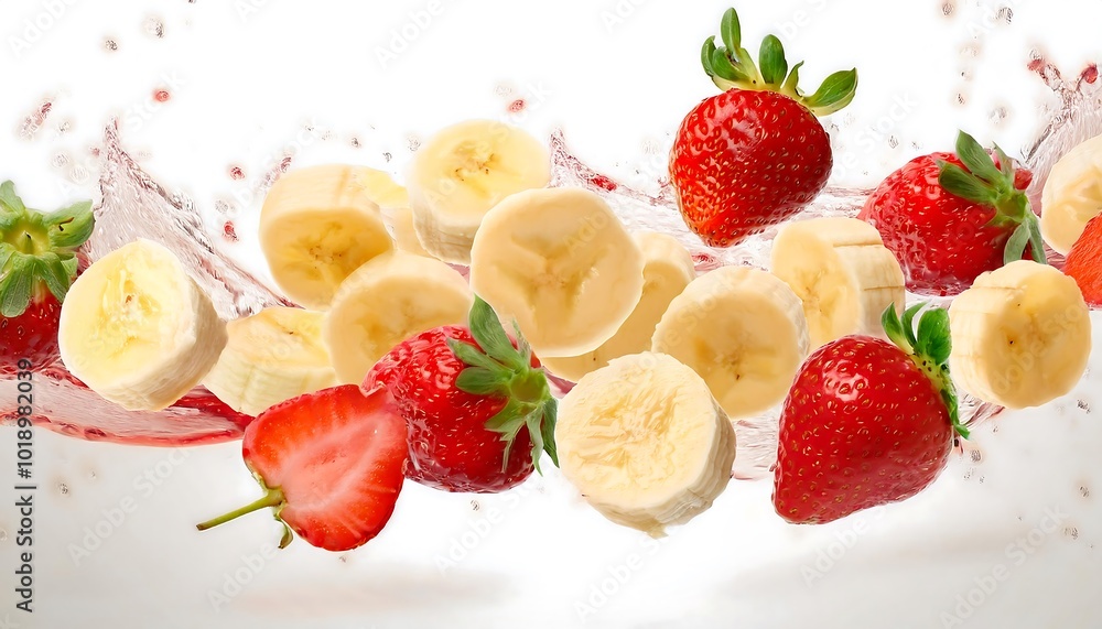 Isolated banana and strawberry on white background with selective focus, showcasing the vibrant colors and textures of fresh fruit. Ideal for healthy eating,nutrition,food content and advertisements. Isolated banana and strawberry on white background with selective focus, showcasing the vibrant colors and textures of fresh fruit. Ideal for healthy eating,nutrition,food content and advertisements.