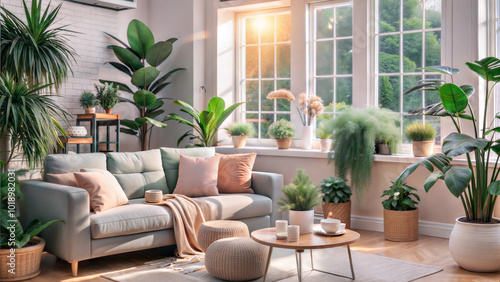 Sunlit living room with comfortable seating, green plants, and wooden coffee table by large windows