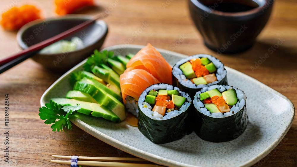 Vegan Sushi Rolls with Fresh Avocado Filling. Generative AI Vegan Sushi Rolls with Fresh Avocado Filling. Generative AI