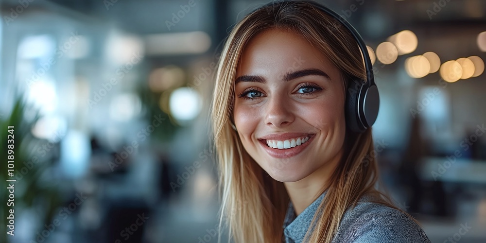 young woman smiling in a call center setting with CRM and headset mic, providing telemarketing, sales, and customer service with help desk support young woman smiling in a call center setting with CRM and headset mic, providing telemarketing, sales, and customer service with help desk support