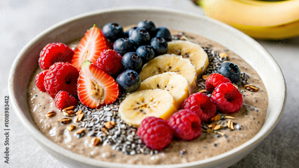 Vegan Smoothie Bowl with Berries and Chia Seeds. Generative AI Vegan Smoothie Bowl with Berries and Chia Seeds. Generative AI