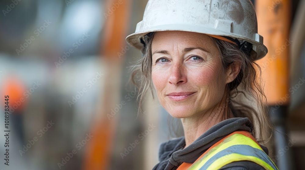 woman in a hard hat and work vest, smirking confidently while working on a construction site, middle-aged and experienced, representing safety and leadership in the industry woman in a hard hat and work vest, smirking confidently while working on a construction site, middle-aged and experienced, representing safety and leadership in the industry