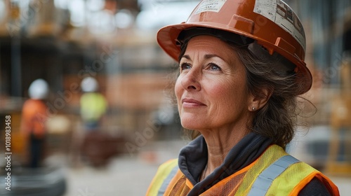 woman in a hard hat and work vest, smirking confidently while working on a construction site, middle-aged and experienced, representing safety and leadership in the industry