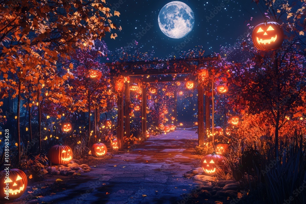 An autumn night pathway is adorned with glowing jack-o'-lanterns under a full moon, creating a magical walkway in a detailed 3D illustration. An autumn night pathway is adorned with glowing jack-o'-lanterns under a full moon, creating a magical walkway in a detailed 3D illustration.