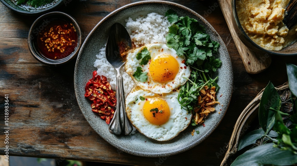 Delicious Breakfast Plate with Eggs and Rice Delicious Breakfast Plate with Eggs and Rice