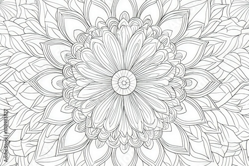 Monochrome line art mandala design, intricately hand-drawn as a relaxing anti-stress coloring page for adults. Perfect for creative expression and relaxation.