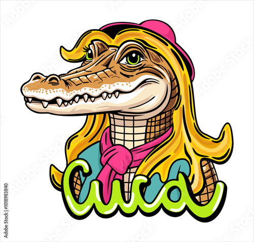 Cuca. Folklore of Brazil. Fantastic alligator, female with long yellow hair, frightening children, character of Brazilian legends and tales. Vector isolated illustration with lettering