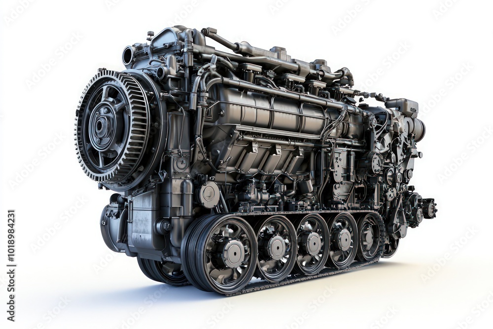An industrial diesel engine, isolated on a plain white background, showing off its intricate mechanical parts. An industrial diesel engine, isolated on a plain white background, showing off its intricate mechanical parts.