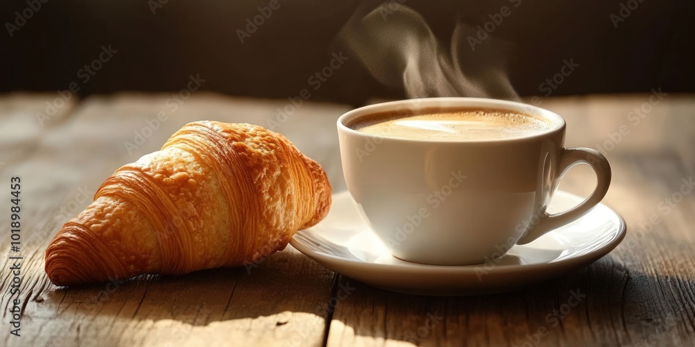 A steaming cup of coffee and a fresh croissant on a wooden table. A steaming cup of coffee and a fresh croissant on a wooden table.