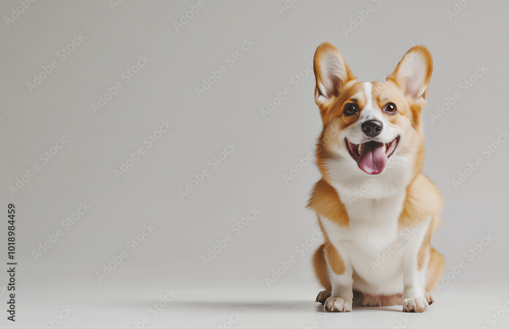 Cachorro corgi sentado em um fundo branco, olhando para a câmera e sorrindo com a língua de fora Cachorro corgi sentado em um fundo branco, olhando para a câmera e sorrindo com a língua de fora