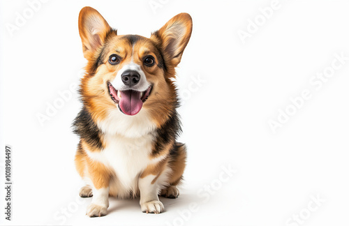 Cachorro corgi sentado em um fundo branco, olhando para a câmera e sorrindo com a língua de fora