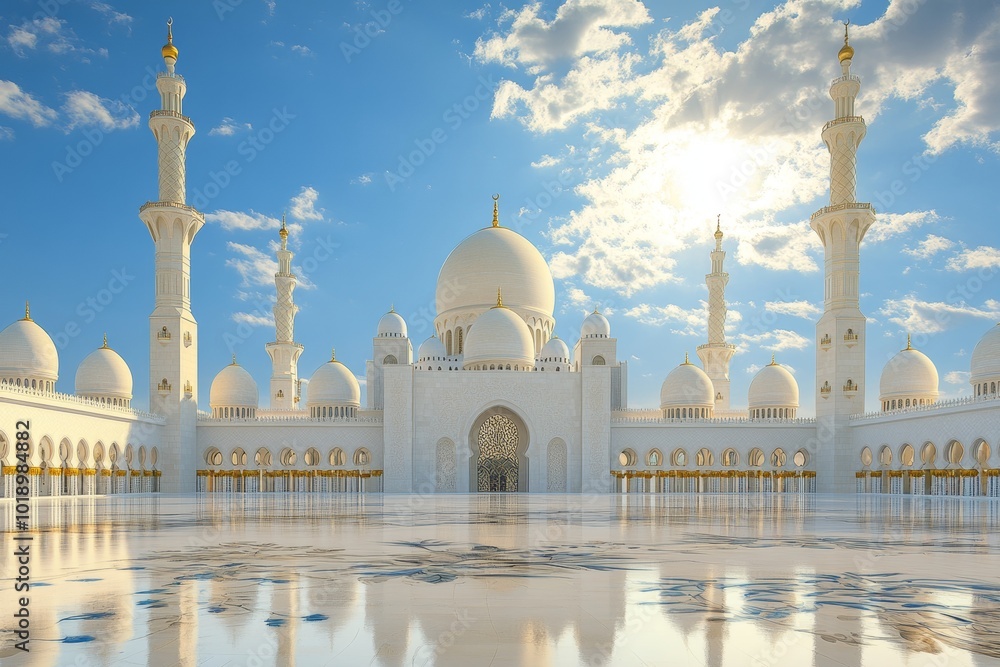 Obraz premium Grand White Mosque with Majestic Domes Under a Clear Blue Sky at Sunset