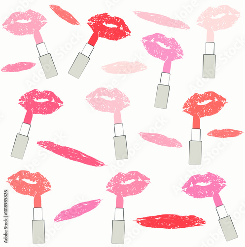 Vector seamless pattern with prints of beautiful lips, lipsticks, and strokes of different shades of red and pink on a white background.