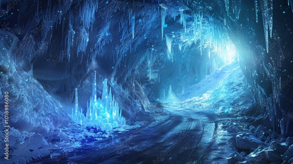 Illuminated icy cave  a magical tunnel of intricate icicles leading to hopeful light