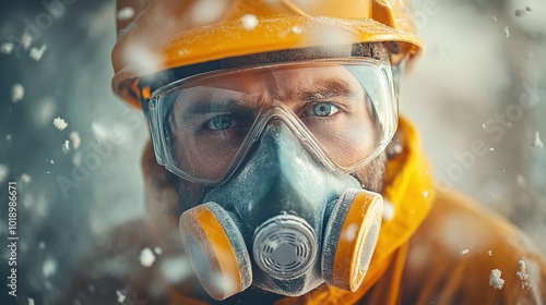 construction site worker wearing a high-grade mask as glass wool dust particles float around, focusing on safety and health protection in an industrial work setting photo