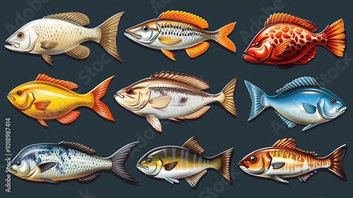An outline illustration of various types of fish.
