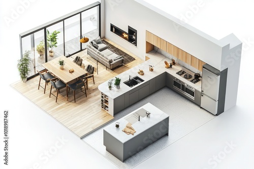 Open-concept kitchen isometric 3D render with a large island, dining area, and seamless flow into the living space, floor plan on white.