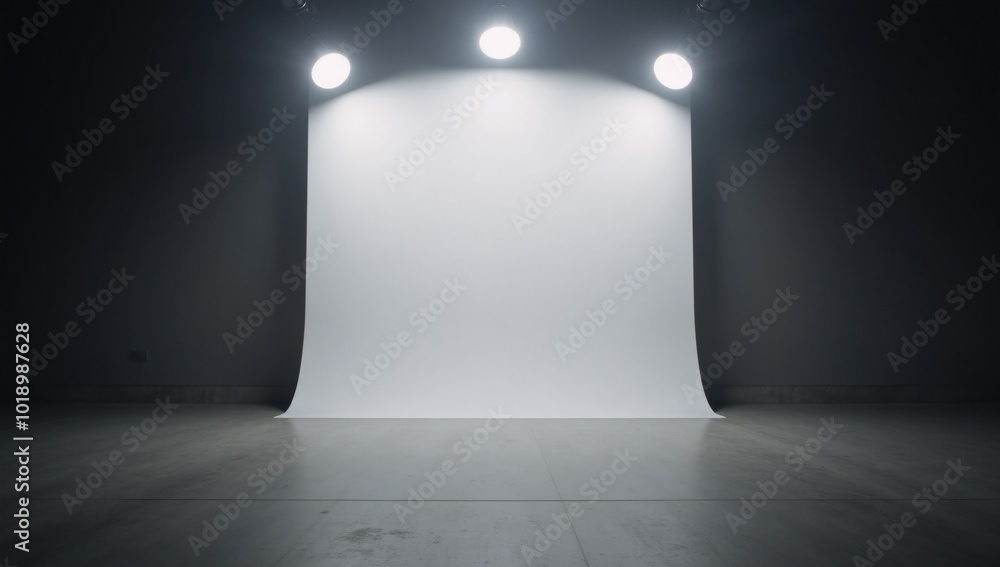 Pitch-black empty room with a blank floor for presentationscar backdrops and top LED lights
