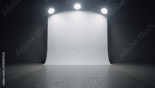 Obraz na płótnie Pitch-black empty room with a blank floor for presentationscar backdrops and top LED lights w salonie