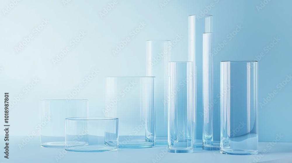 Clear glass cylinders varying heights arranged on a pale blue background, designed for elegant product displays or presentations Clear glass cylinders varying heights arranged on a pale blue background, designed for elegant product displays or presentations