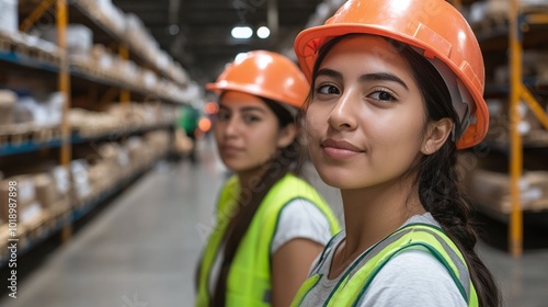 young female workers in a warehouse setting, wearing hardhats and reflective vests, looking at the camera, representing teamwork and safety in the industrial field